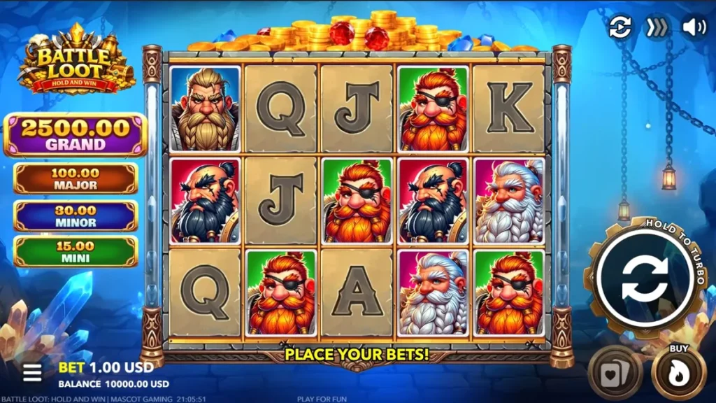 Battle Loot: Hold and Win سلاٹ گیم کا ایک منظر جس میں بونے جنگجو اور خزانے دکھائے گئے ہیں۔