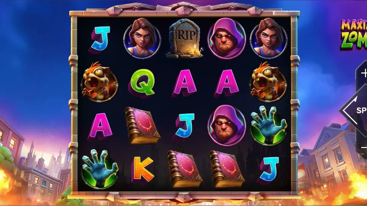 Maximum Zombie slot game interface showing apocalyptic city theme